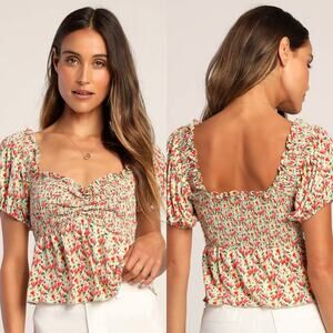 Lulu's Such a Flirt Sage Green Floral Smocked Peplum Short Sleeve Top M